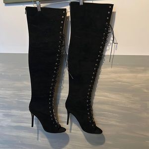 Black knee high open toe boots